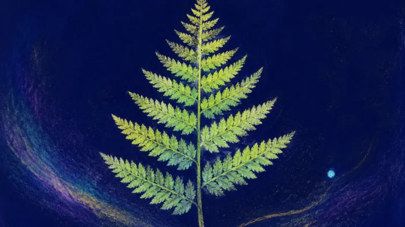 A restored fern opens into balanced order, representing study meaning rebuilt through one bounded of
