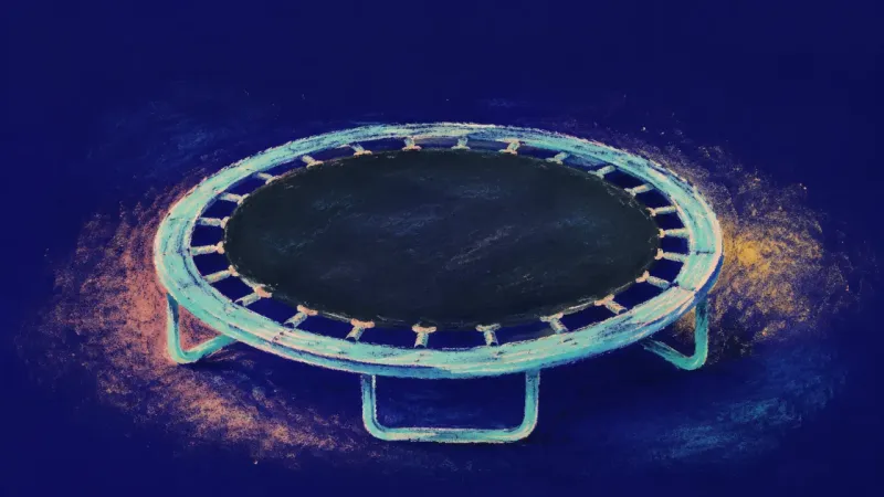 Restored Rhythm A restored trampoline with an orderly frame and balanced centre, symbolising release from perfection