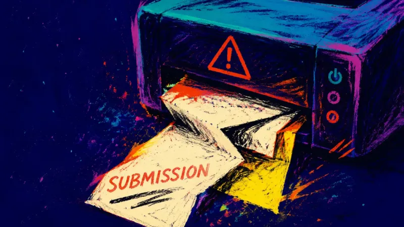 A jammed printer holding folded submission sheets, symbolizing the fear that prioritizing work will