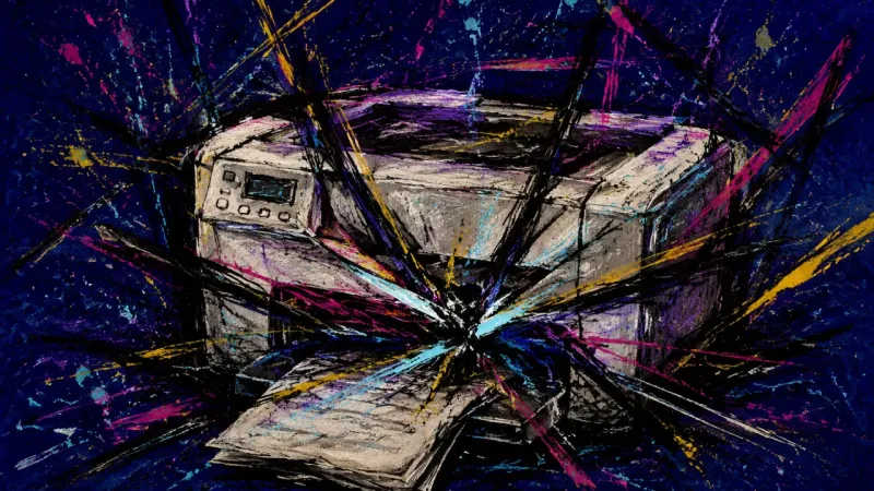 A crushed printer tangled in chaotic lines, representing decision paralysis and fear that one work