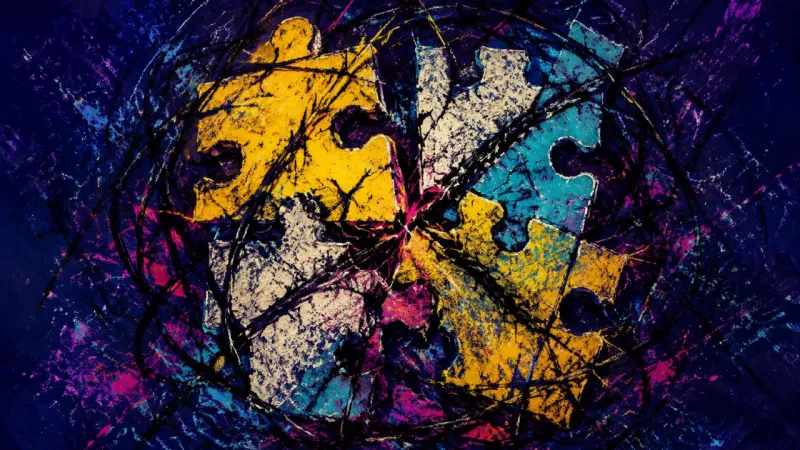 A distorted puzzle trapped in dense tangled marks, representing anxiety, overplanning, and the loss