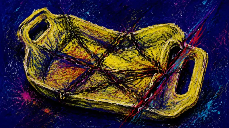 The Buckled Offering A serving tray crushed and bound by chaotic lines represents overgiving and the fear that friendship