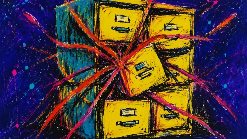An abstract filing cabinet crushed into overlapping drawers, representing shame-based judgment and a