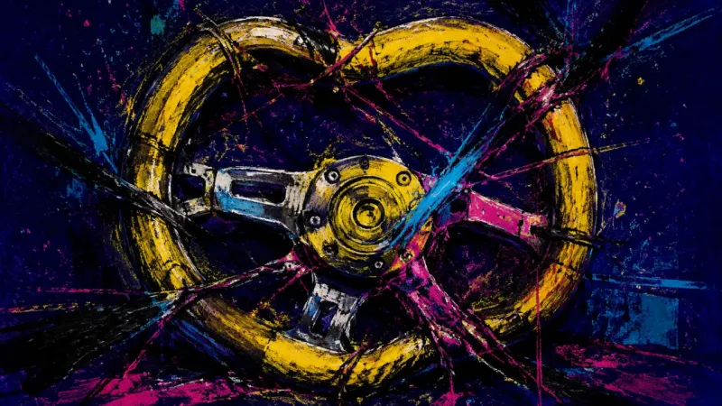 A distorted steering wheel trapped in chaotic lines, representing approval anxiety and the loss of1