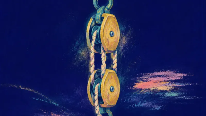 Leverage Restored A restored block-and-tackle system with aligned pulleys and an unknotted line represents sustainable