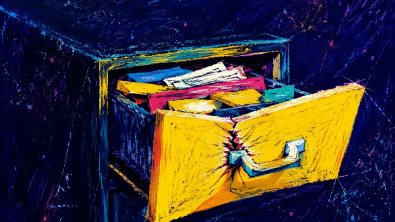 A jammed desk drawer symbolizes last-mile procrastination and the fear of making a nearly finished