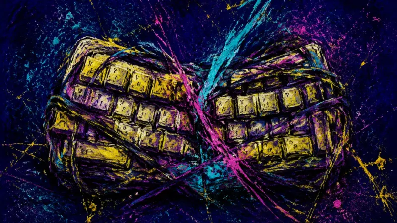 Keyboard in Collapse A distorted keyboard trapped in chaotic lines, representing perfectionism-driven procrastination and