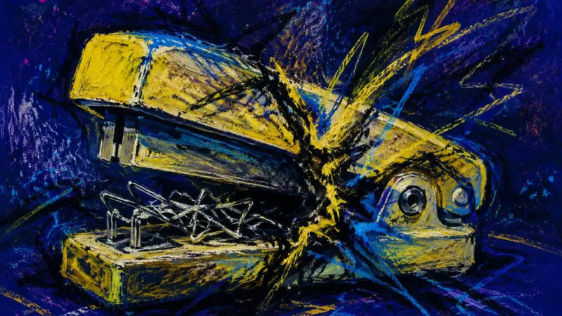 Jammed Judgment A stapler crushed shut by tangled marks, representing romantic FOMO, boundary doubt, and pressure to