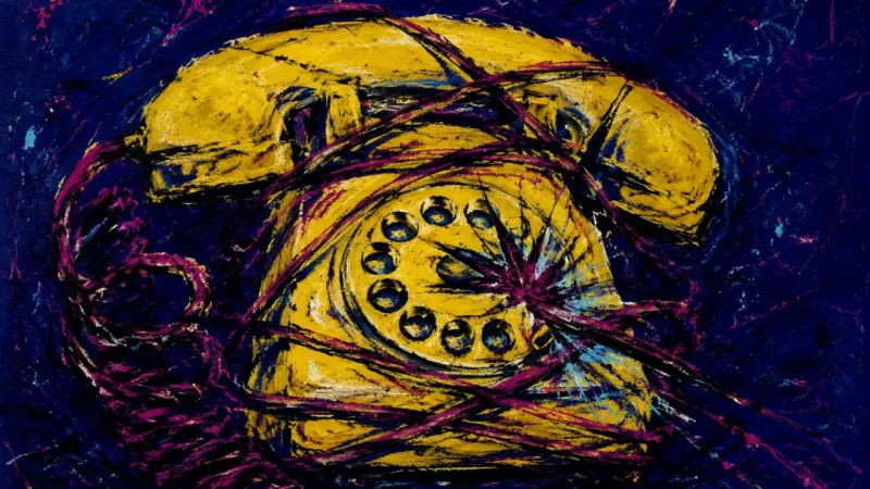 Dial Under Siege A distorted rotary phone trapped in tangled lines, representing compulsive contact, unresolved atta