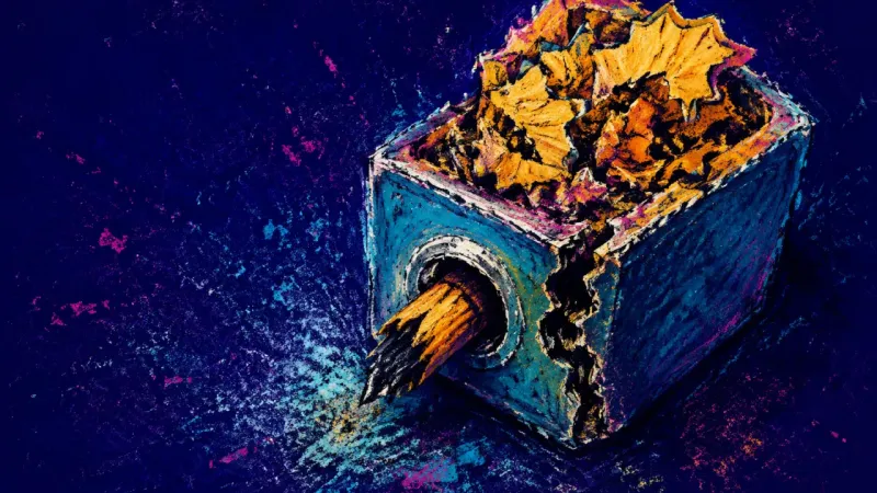Sharpened Into Stasis An overfilled pencil sharpener split around a jammed pencil tip, symbolizing study preparation that