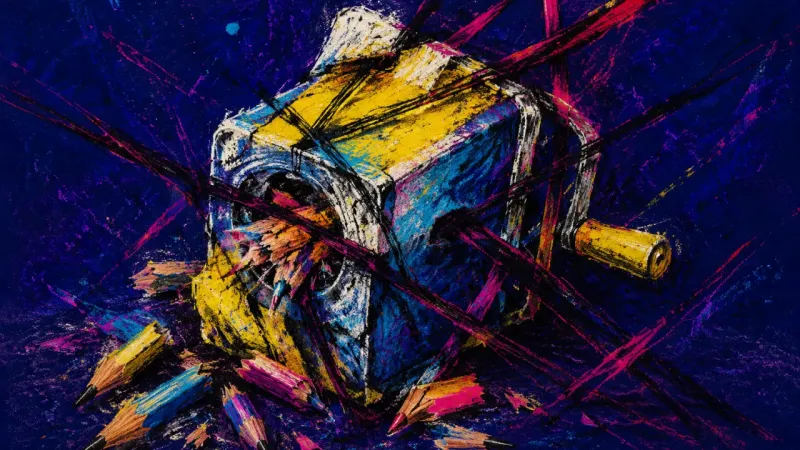 A distorted pencil sharpener representing procrastination under an unclear academic grading