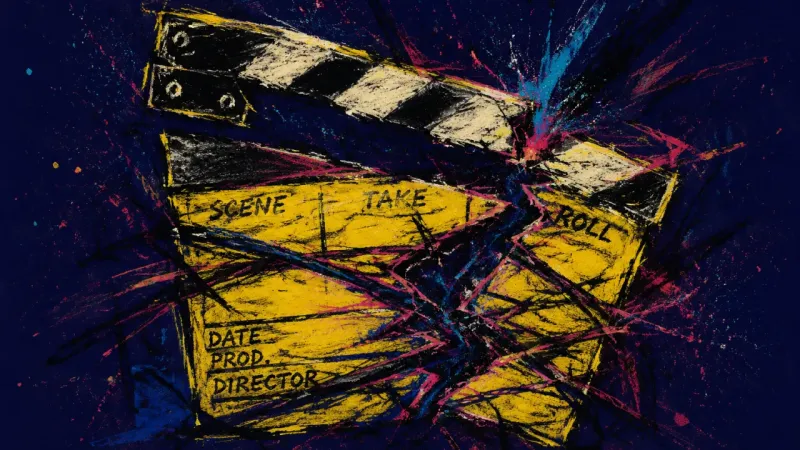 Authorship Under Review A crushed clapperboard tangled in chaotic lines, representing approval-seeking anxiety and the