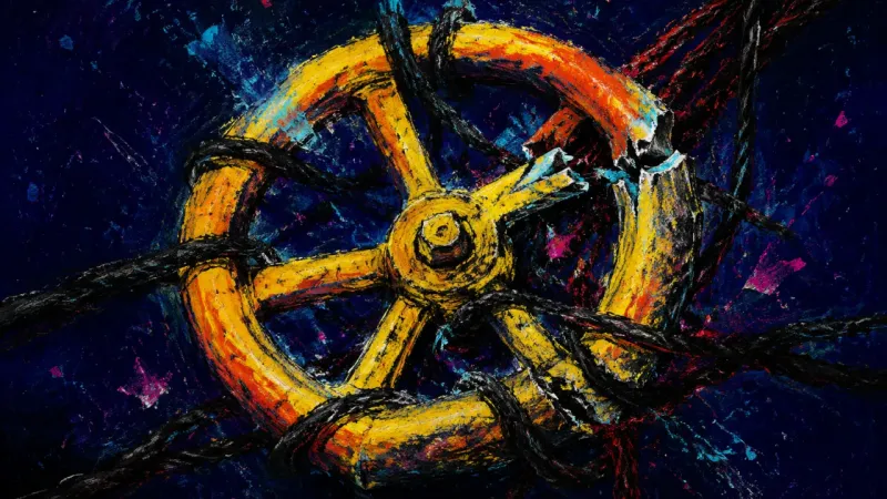 A crushed valve wheel bound by chaotic lines, representing hypervigilance and collapsed boundaries