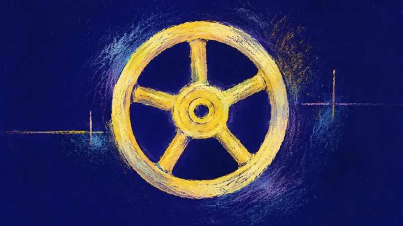A restored valve wheel with even spokes and open spacing, representing paced vulnerability, balanced
