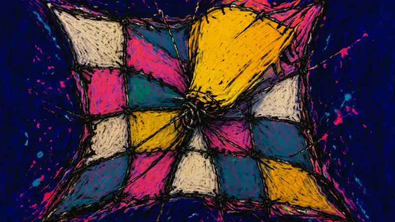 A distorted quilt with one patch overwhelming its broken pattern, representing anxious hope that
