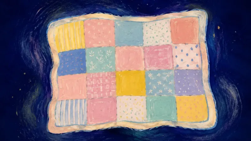 A restored quilt with balanced patches and an unbroken border, representing evidence-aware hope, яс?
