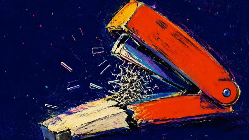 A stapler jammed open by mangled staples, symbolizing how a family mediator becomes the target of unresolved conflict.