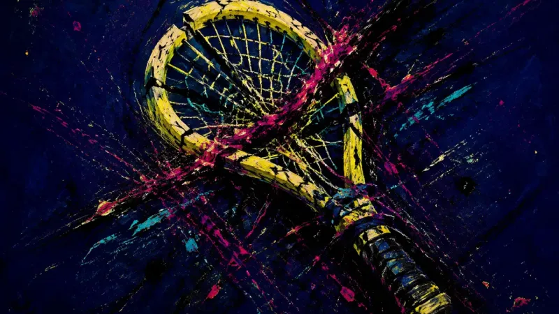 Volley of Blame A distorted tennis racket trapped in crossing lines, representing family triangulation, redirected blame, and oppressive over-responsibility.