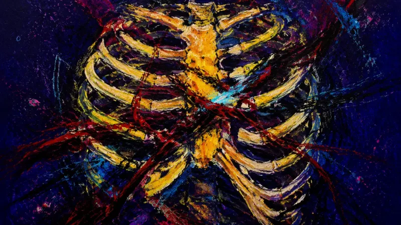 A compressed ribcage tangled by harsh lines, representing anxiety and self-erasure under pressure to