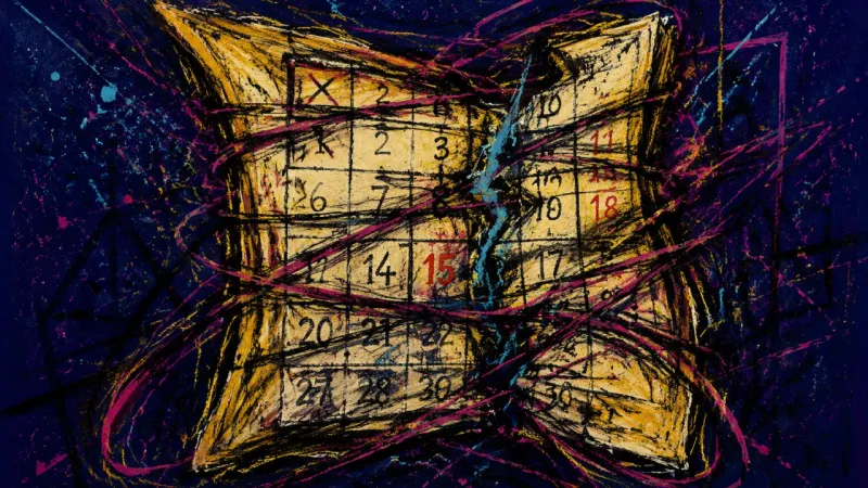 Compressed Time A crushed calendar grid tangled in dense marks, representing obsessive comparison and pressure to