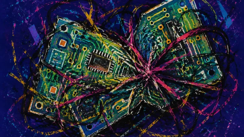 A circuit board crushed by tangled pathways, representing thesis paralysis driven by endless ‍‌