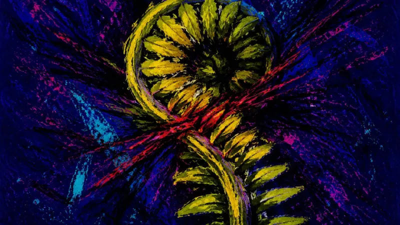 Frond Under Contract A compressed fern frond bound by chaotic lines represents career pivot anxiety and the loss ofƂ