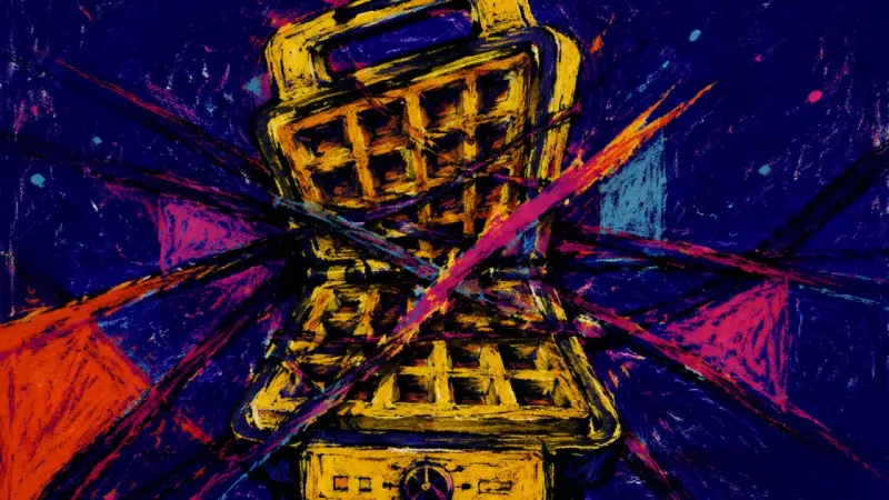 A distorted waffle maker trapped in a compressed grid, representing the reset-and-relapse loop