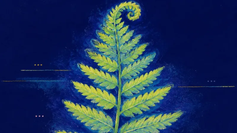 Agency Unfurls An unfurled fern frond in balanced order represents career pivot anxiety resolved through a small, ŝ