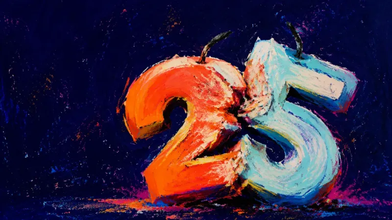 Two anniversary number candles crushed into an unreadable knot, symbolizing guilt about questioning,