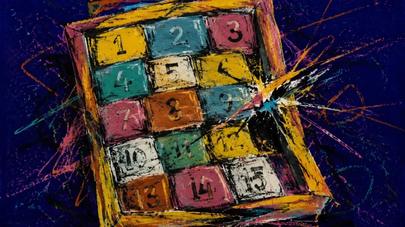 A crushed sliding puzzle trapped in tangled lines, representing sunk-cost attachment and the,