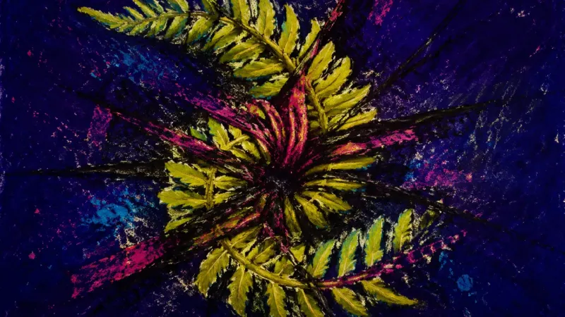 Frond Under Verdict A fern frond crushed into a bound coil represents feedback-triggered shame, productive procrast?