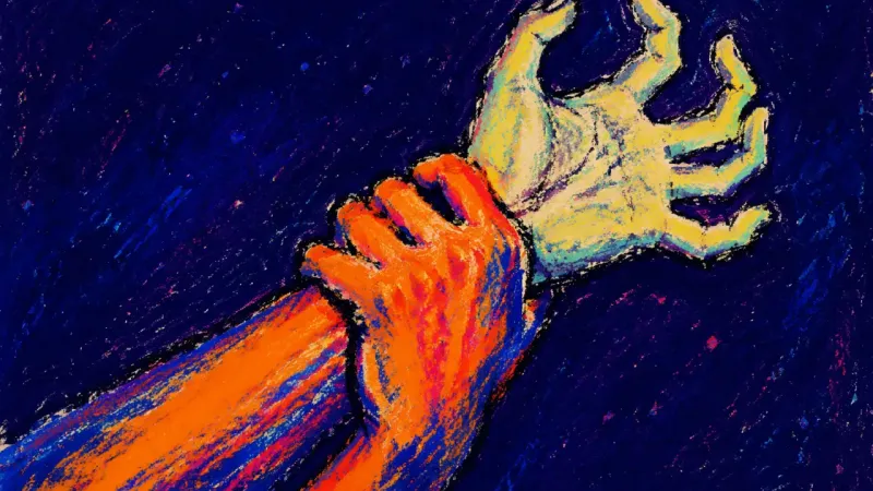 Permission Pending One cropped hand grips the opposite wrist in a rigid hold, symbolising the self-restraint of waiting