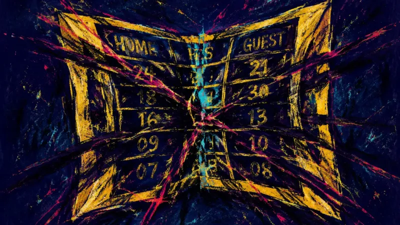 An abstract scoreboard buckling under pressure, representing comparison, approval-seeking, and paral
