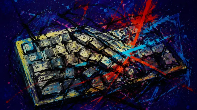Collapsed Input An abstract keyboard crushed into overlapping rows, representing emotional hyper-analysis, self-d—