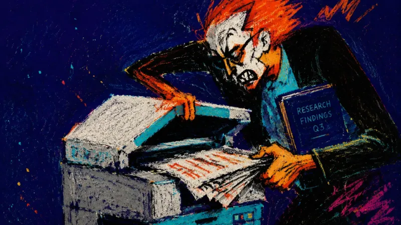 A worker wrestles meeting pages from a jammed photocopier while a research folio is pinned aside, k
