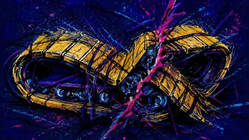 Motion Without Meaning A conveyor belt buckles beneath tangled lines, representing anxious over-responsibility and repetiti