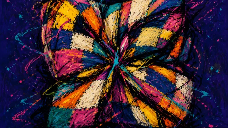 Crushed Patchwork An abstract quilt crushed into a tangled grid, representing the pressure to perform family harmony,