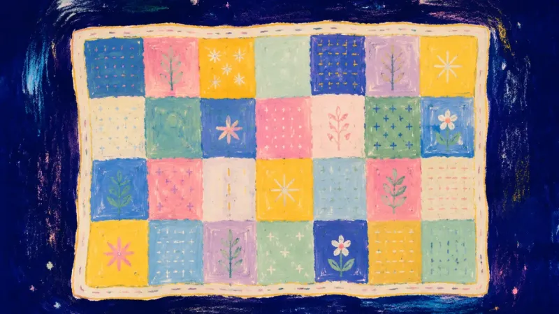 Restored Pattern An abstract quilt opened into an orderly grid, representing honest family connection, self-trust, وم
