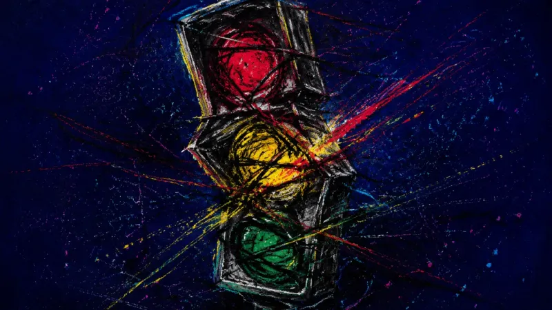 Signal Collapse A traffic light crushed into tangled signal cells, representing longing, confirmation bias, and the