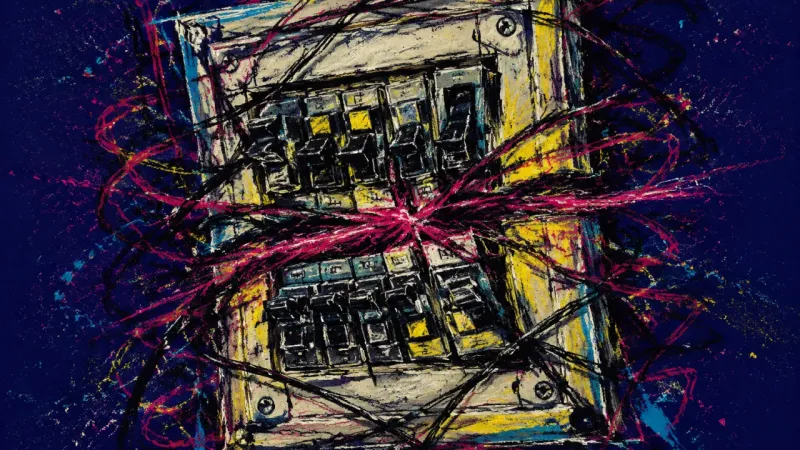 Breaker Grid Collapse A breaker panel crushed into a tangled, misaligned grid, representing outcome bias and the pressure