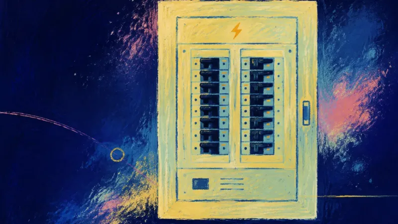 Calibrated Safeguards An orderly breaker panel with balanced switch rows, representing outcome bias resolved through