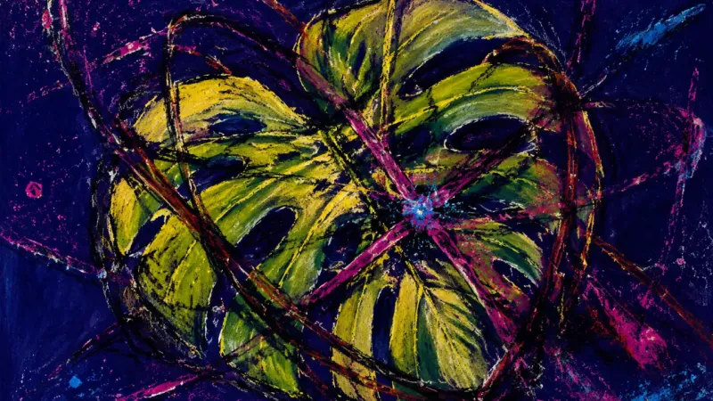 Worth Under Compression A compressed monstera leaf bound by chaotic lines, representing post-achievement emptiness and the
