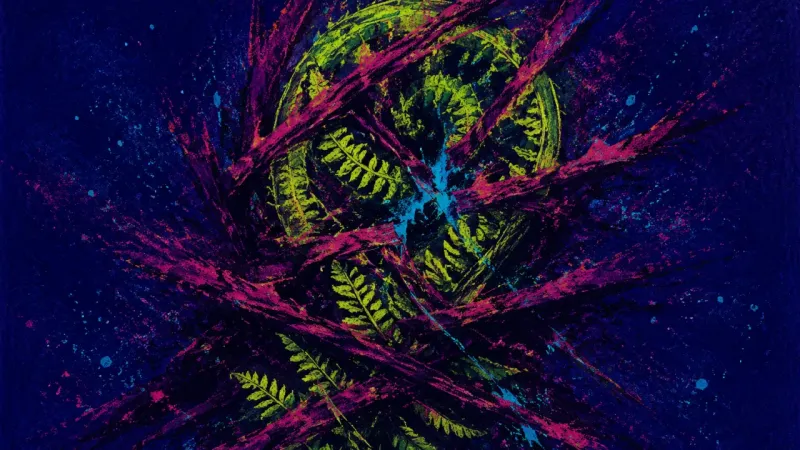 Frond Under Siege A tightly crushed fern entangled by chaotic lines, representing perfectionistic overthinking thatat