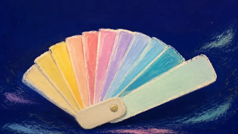 Evidence in Motion A restored swatch fan opens into an orderly arc with one panel selected, representing thesis indecis