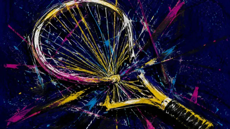 A distorted tennis racket bound into a central knot, representing family overfunctioning, suppressed