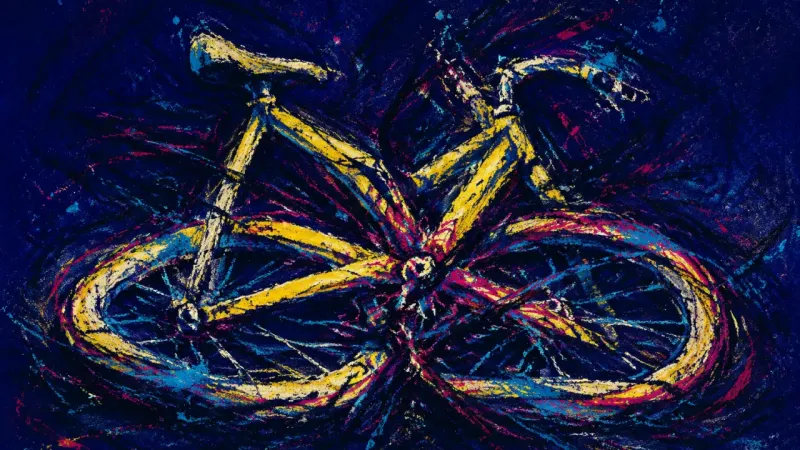 A bicycle crushed into overlapping wheels and bound by chaotic lines, representing career ambivalenc