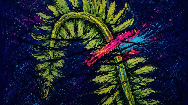 Suspended Growth A folded fern frond trapped by chaotic lines, representing stagnant longing, mixed-signal analysis,