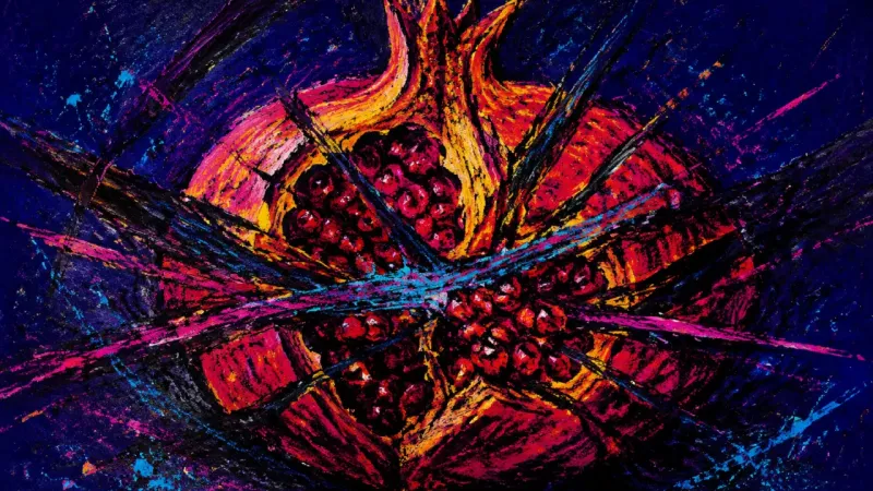 Crushed Abundance A crushed pomegranate bound by crossing lines, representing friendship jealousy, replacement fear,