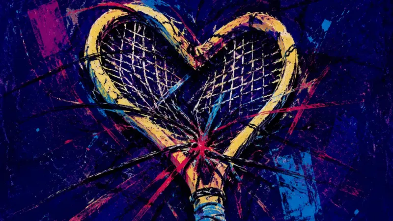 Strangled Exchange A crushed tennis racket trapped in tangled lines, representing suppressed anger, conflict avoidance,
