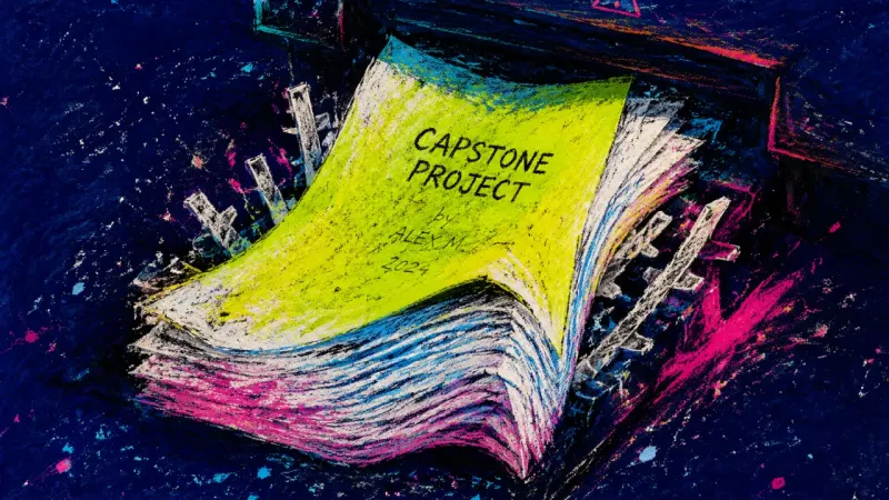 The Unfinished Exit A finished capstone stack jammed back into a printer, symbolizing repeated revision used to delay